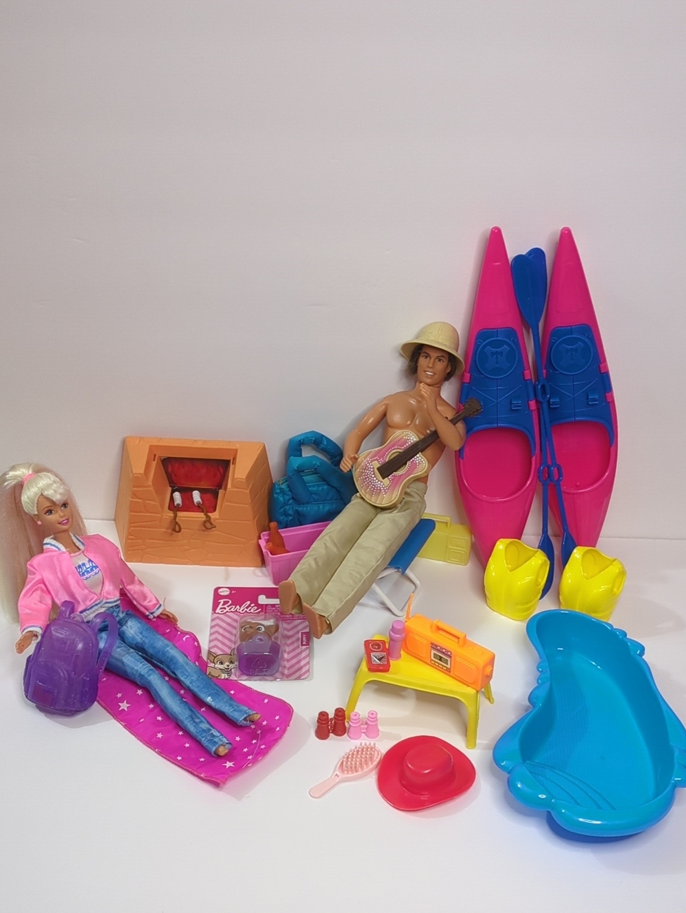 Barbie Pink & Blue Kayaks with Doll and Camping Accessories